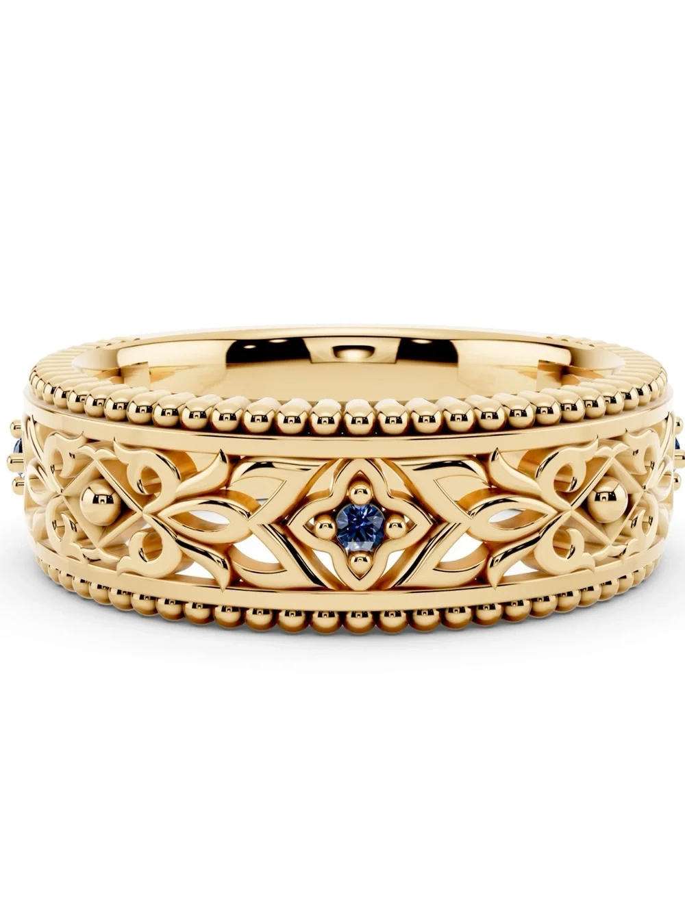 10K Yellow Gold Sapphire Filigree Band Ring 7mm Size 8.5